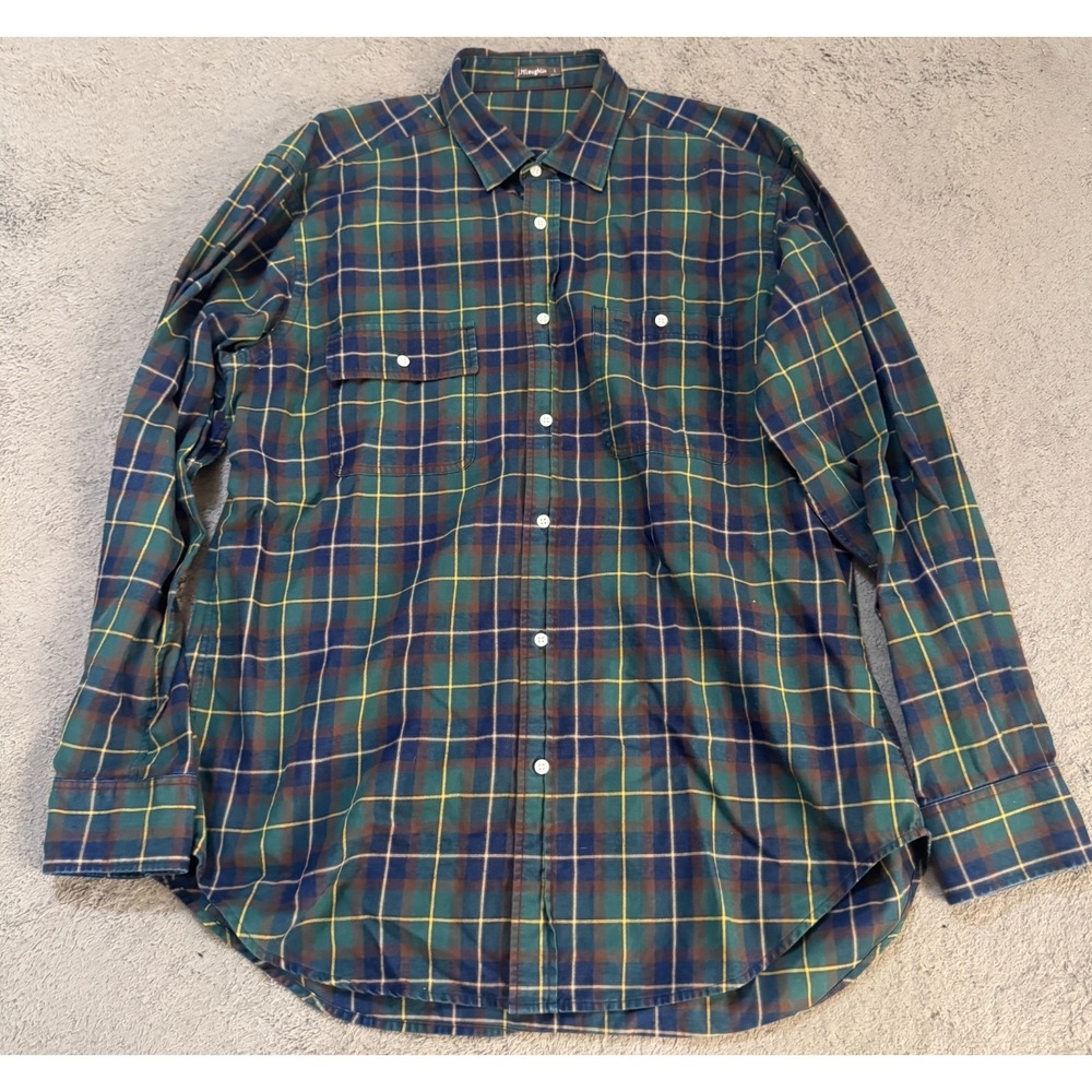 J McLaughlin Flannel Shirt Mens L Green Blue Plaid Long Sleeve Fall Winter